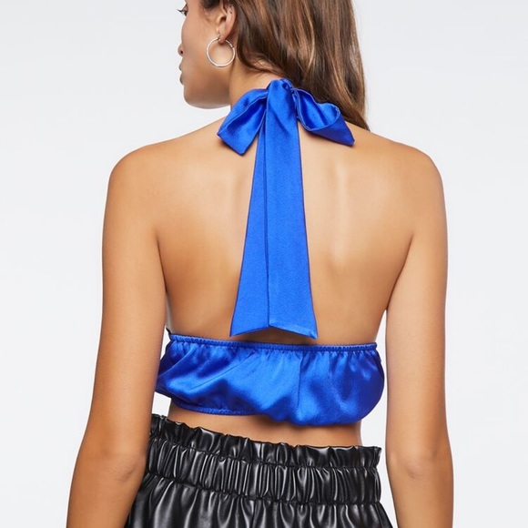 NWT Forever21 Satin Plunging Halter Blue Crop Top - Picture 3 of 6